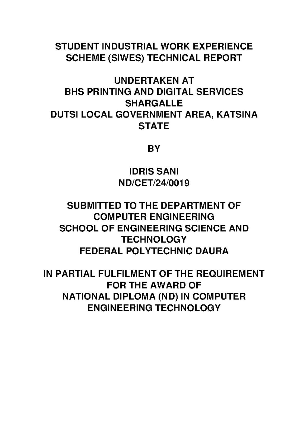 Final SIWES Report: Idris Sani - Computer Engineering ND - Studocu