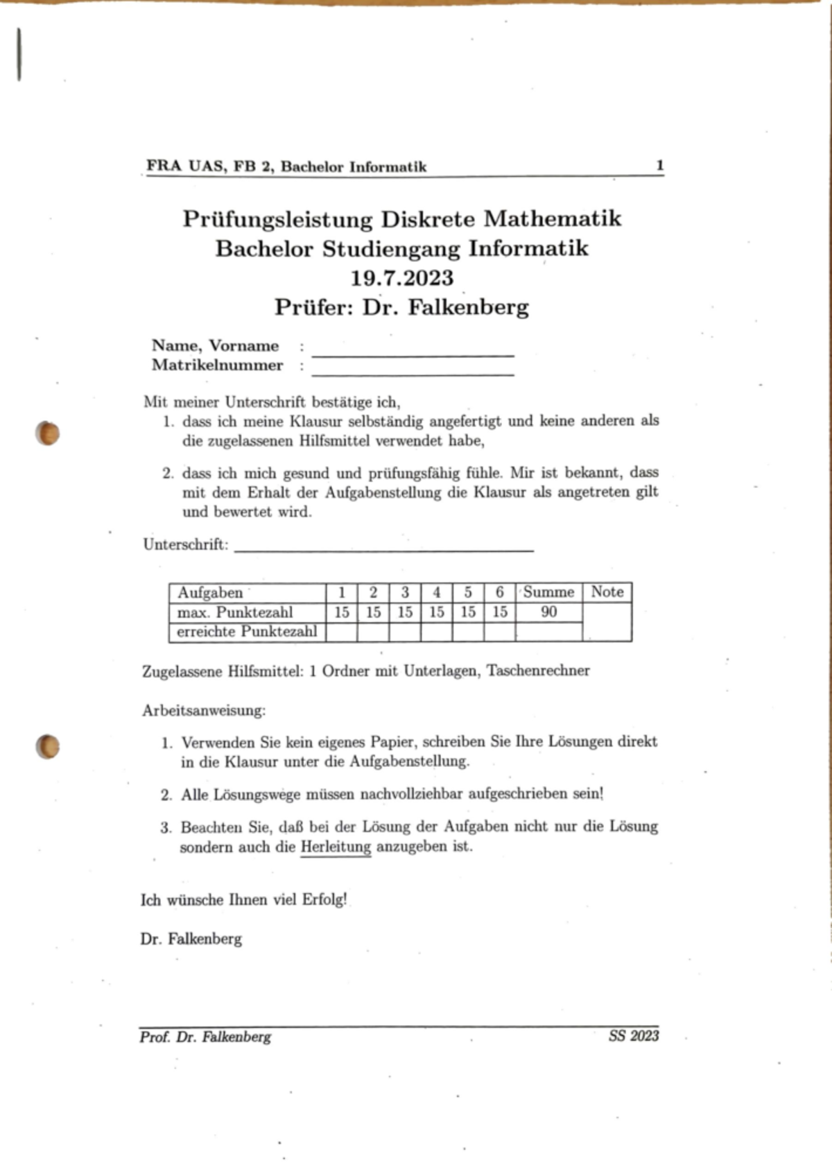 Klausur - SS2023 - sdfsdf - FRA UAS, FB 2, Bachelor Informatik 1 ...