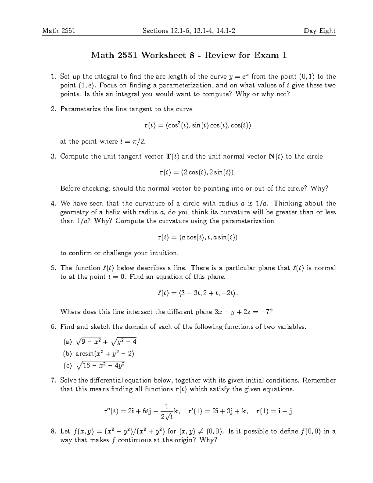 Math 2551 Worksheet 8 Review for Exam 1: Arc Length & Curvature - Studocu
