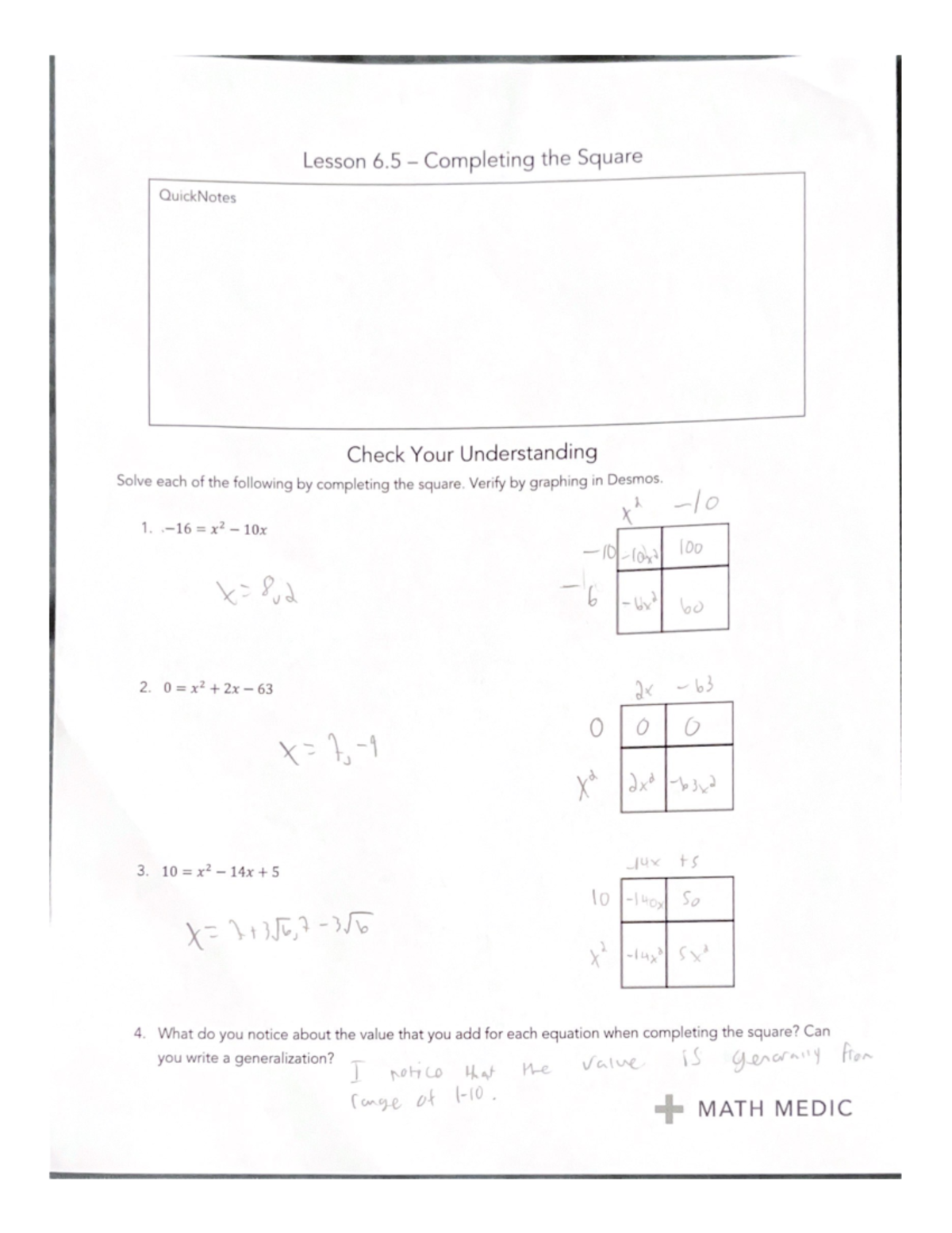 Lesson 6.5 - Completing the Square 2 - Verify graphing in Desmos. x2 1 ...