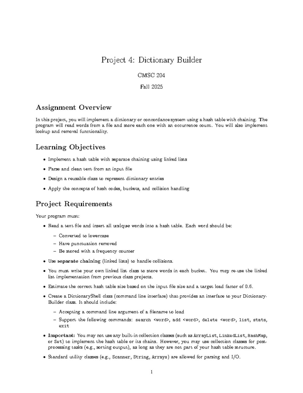 Dictionary Builder Project 4 CMSC 204 - Fall 2025 Overview - Studocu