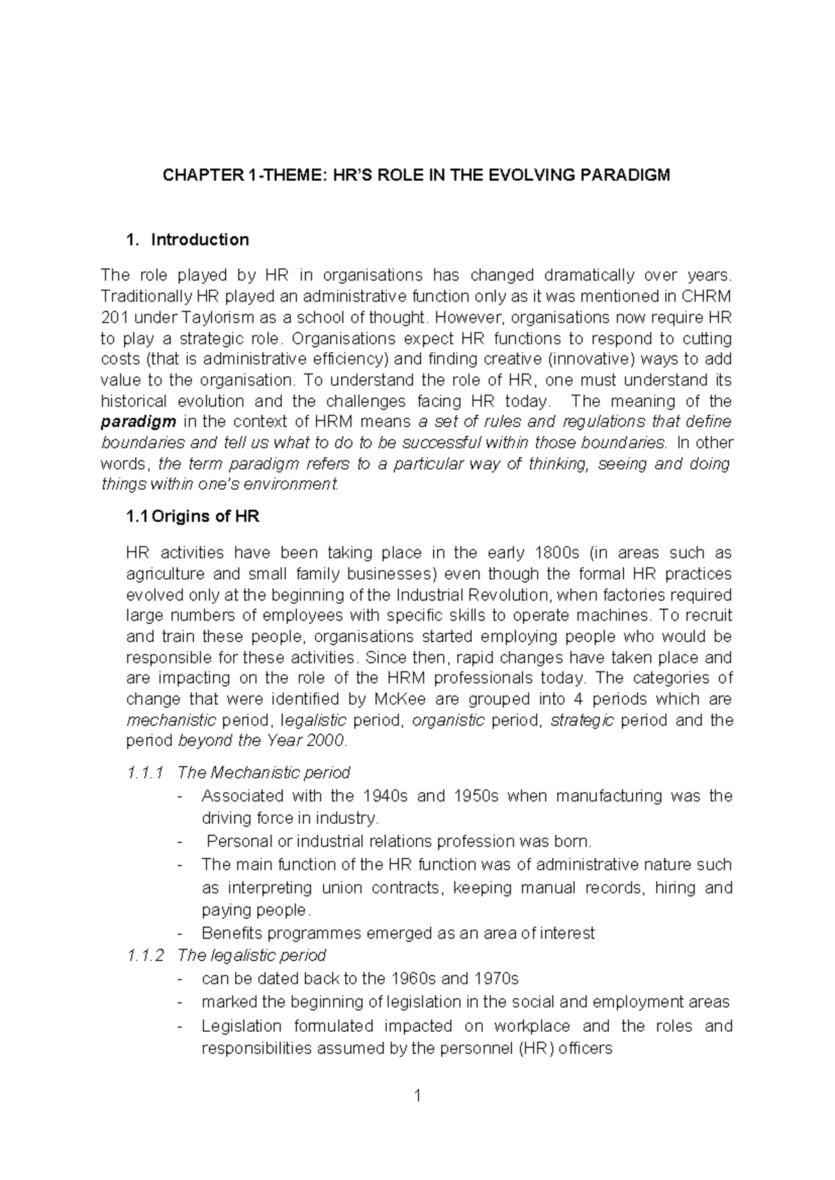 HRM 301 - Chapter 1: The Evolving Role of HR in Organizations - Studocu