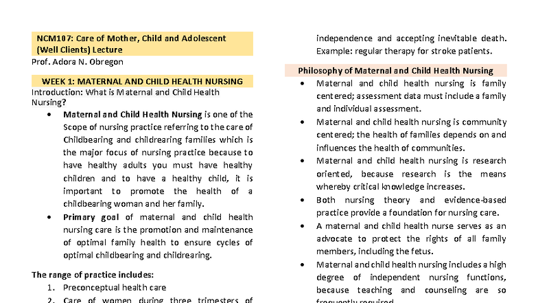 NCM107: Maternal and Child Health Nursing Lecture Notes - Week 1 - Studocu
