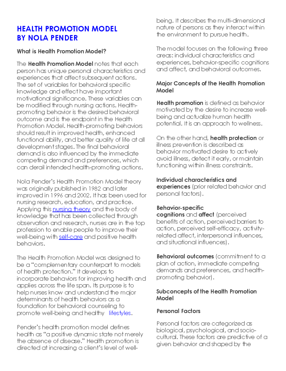 Health Promotion Model Overview and Key Concepts in Nursing - Studocu