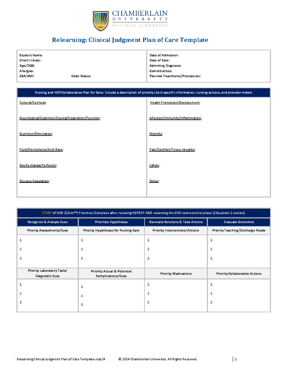Relearning Clinical Judgment Plan of Care Template (NUR 2024) - Studocu