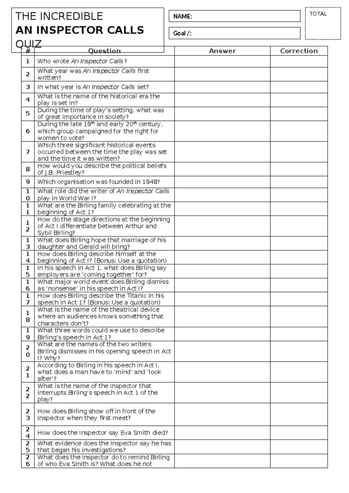 AIC Quiz: An Inspector Calls - Key Questions & Insights - Studocu