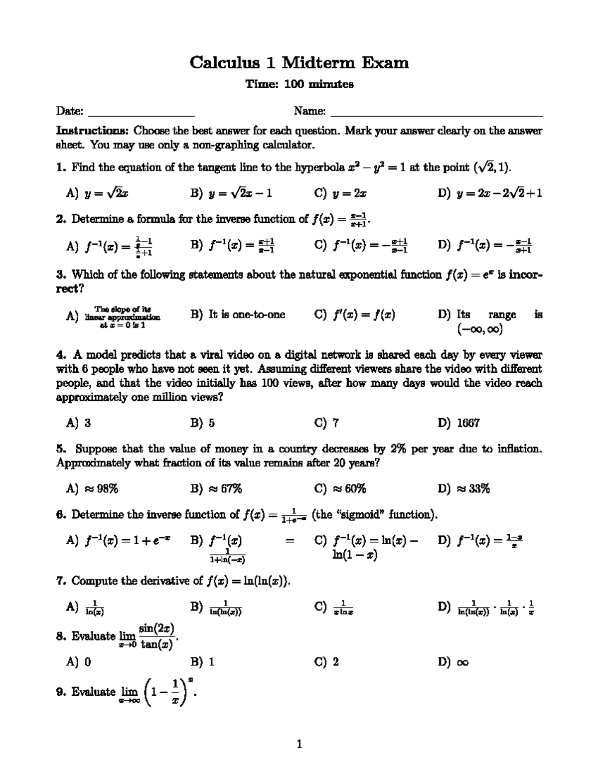 Calculus 1 Midterm Exam Practice Questions - Studocu