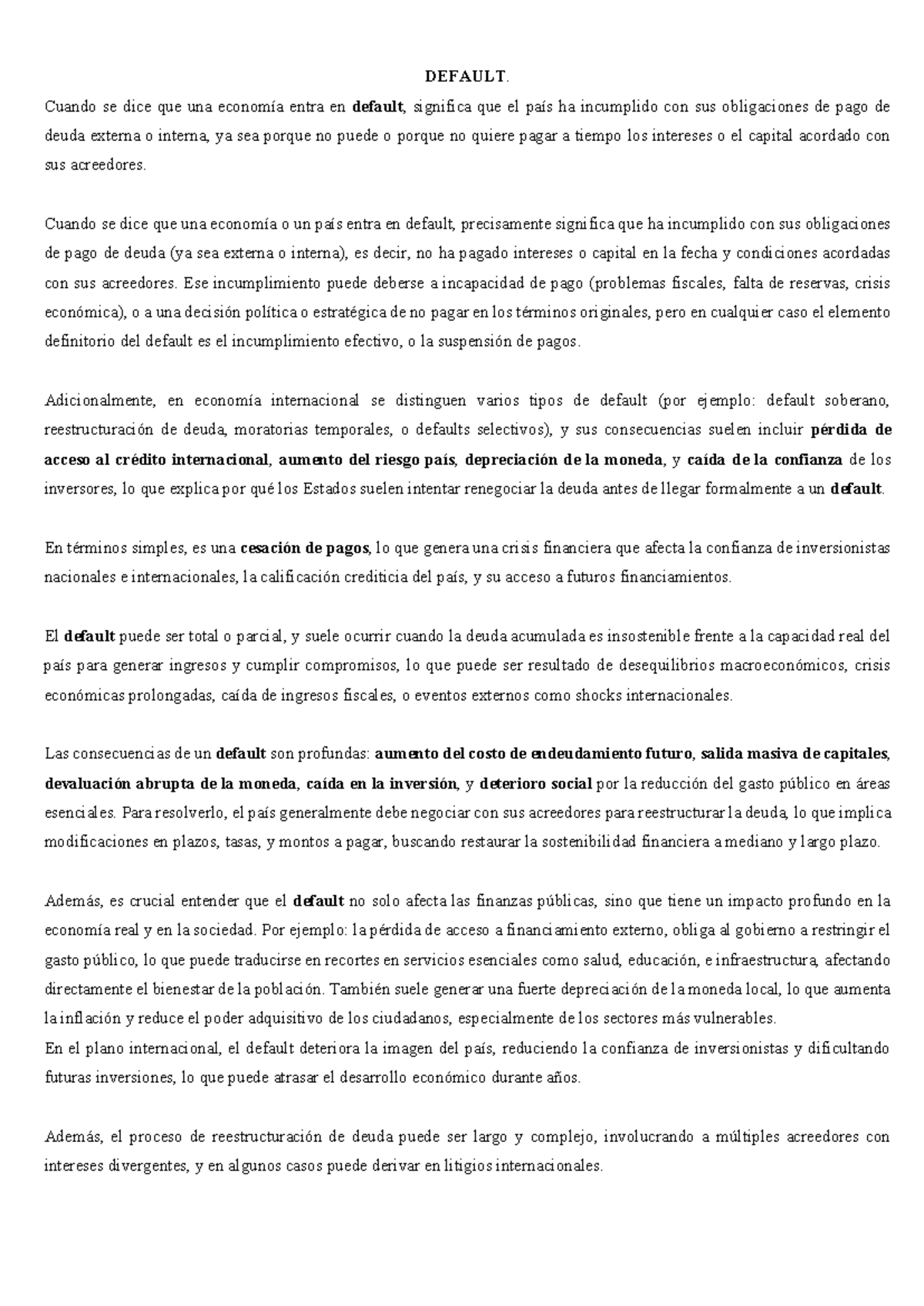 Economía en Default: Consecuencias y Reestructuración de Deuda - Studocu