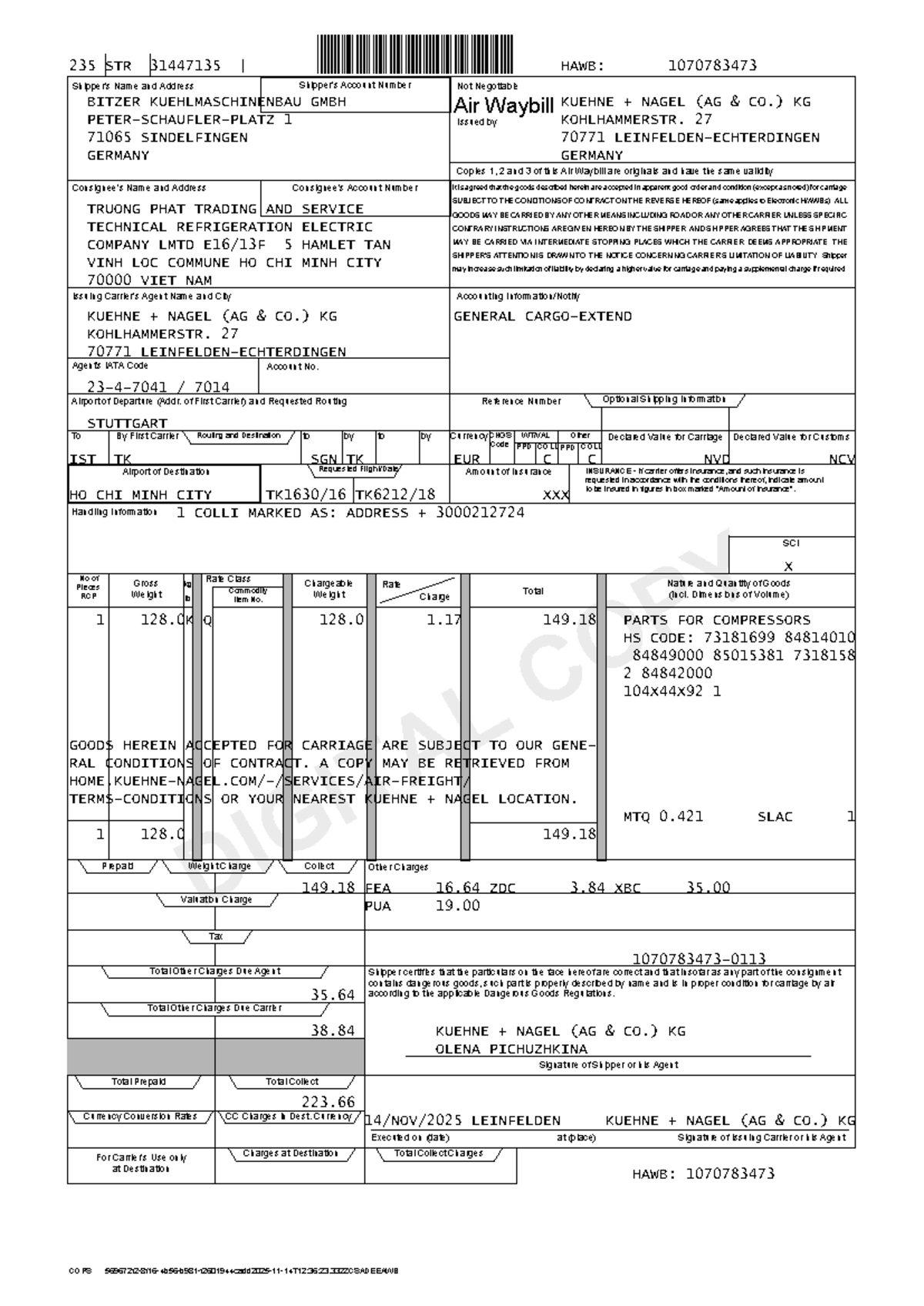 HAWB 1070783473 - Air Waybill for Shipment Details - Studocu