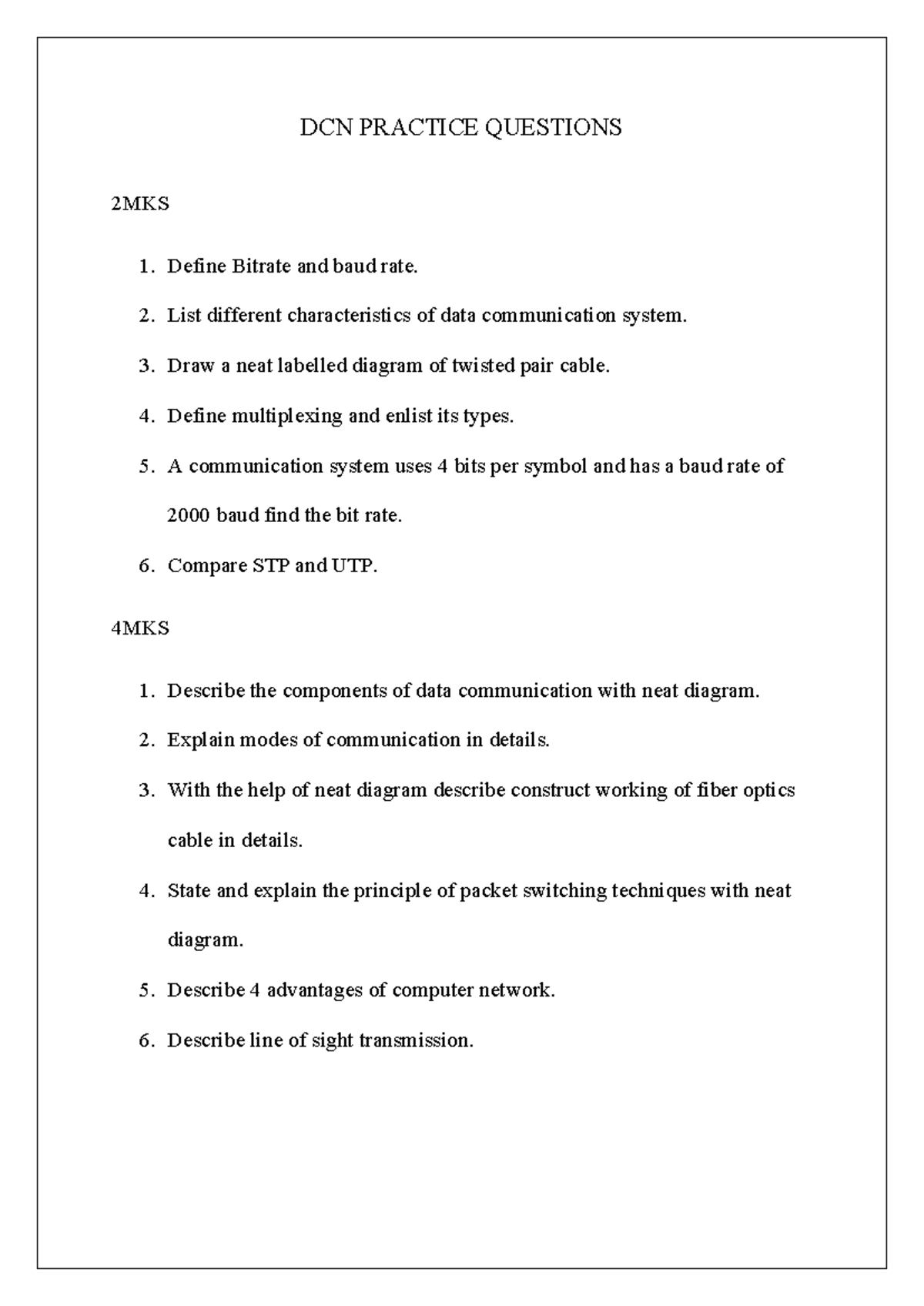 DCN Practice Questions: Data Communication Concepts & Diagrams - Studocu