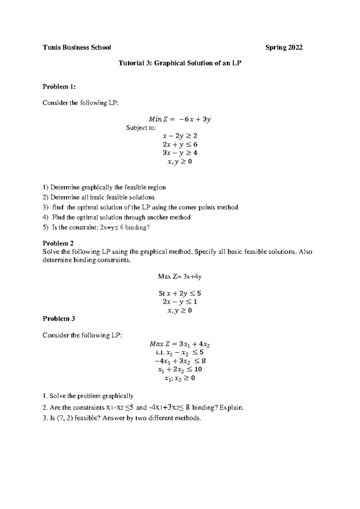 TBS Spring 2022 Tutorial 3: Graphical LP Problem Solutions - Studocu
