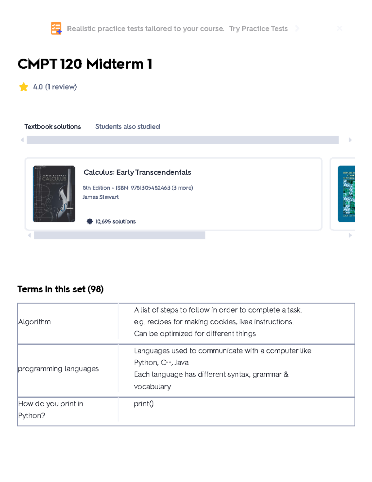 CMPT 120 Midterm 1 Study Flashcards for Python Concepts - Studocu