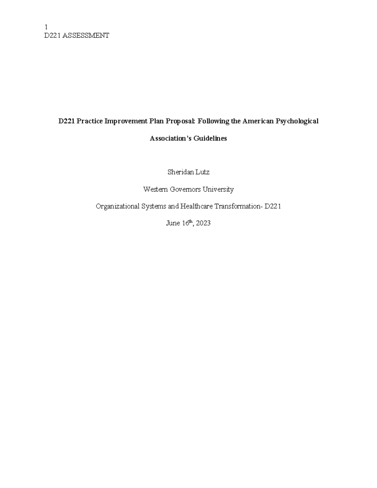 D221 Assessment: CAUTI Prevention Plan Proposal and Implementation ...