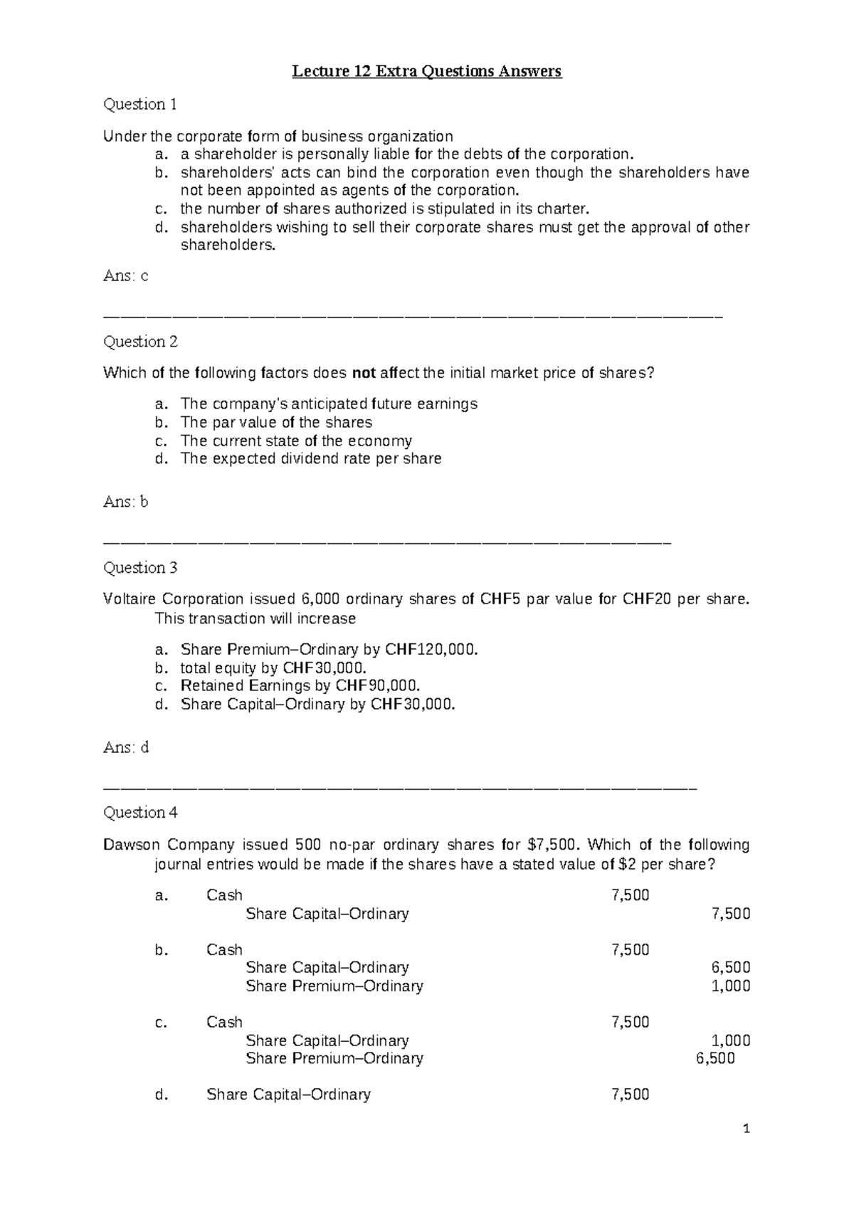 Lecture 12 Extra Questions & Answers on Corporate Business Concepts ...