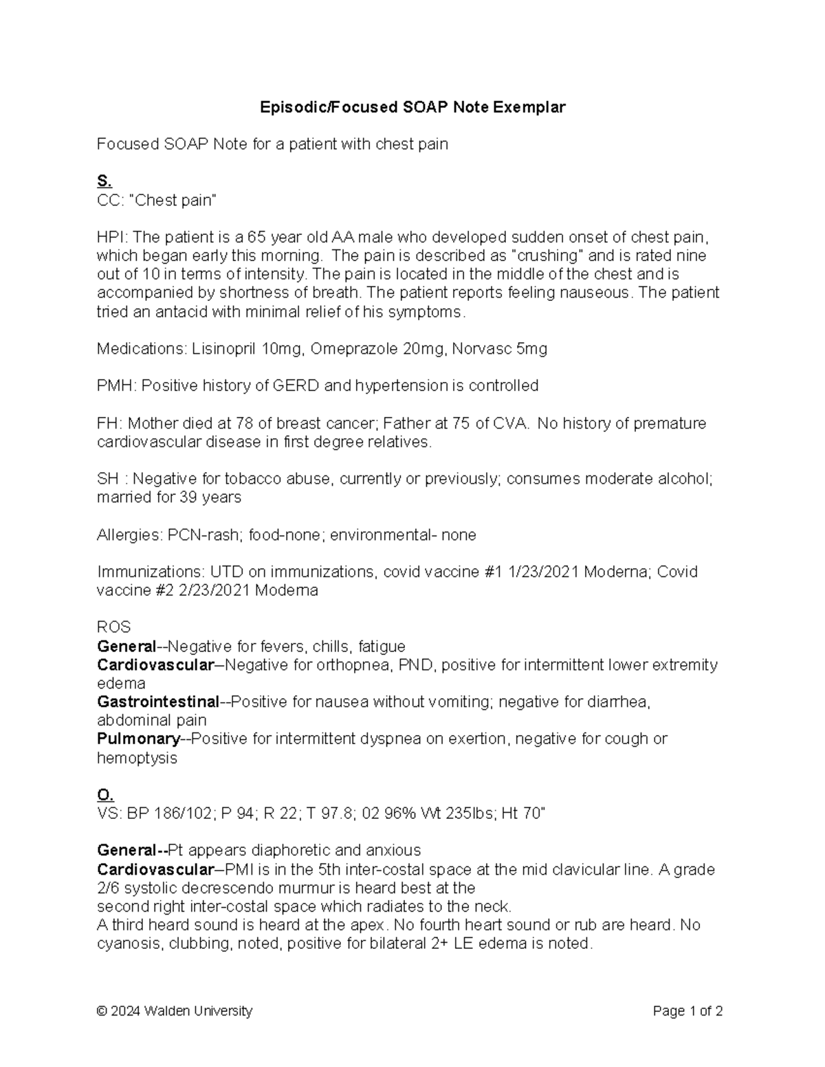 Focused SOAP Note for Chest Pain - SOAP Example 2 - Studocu