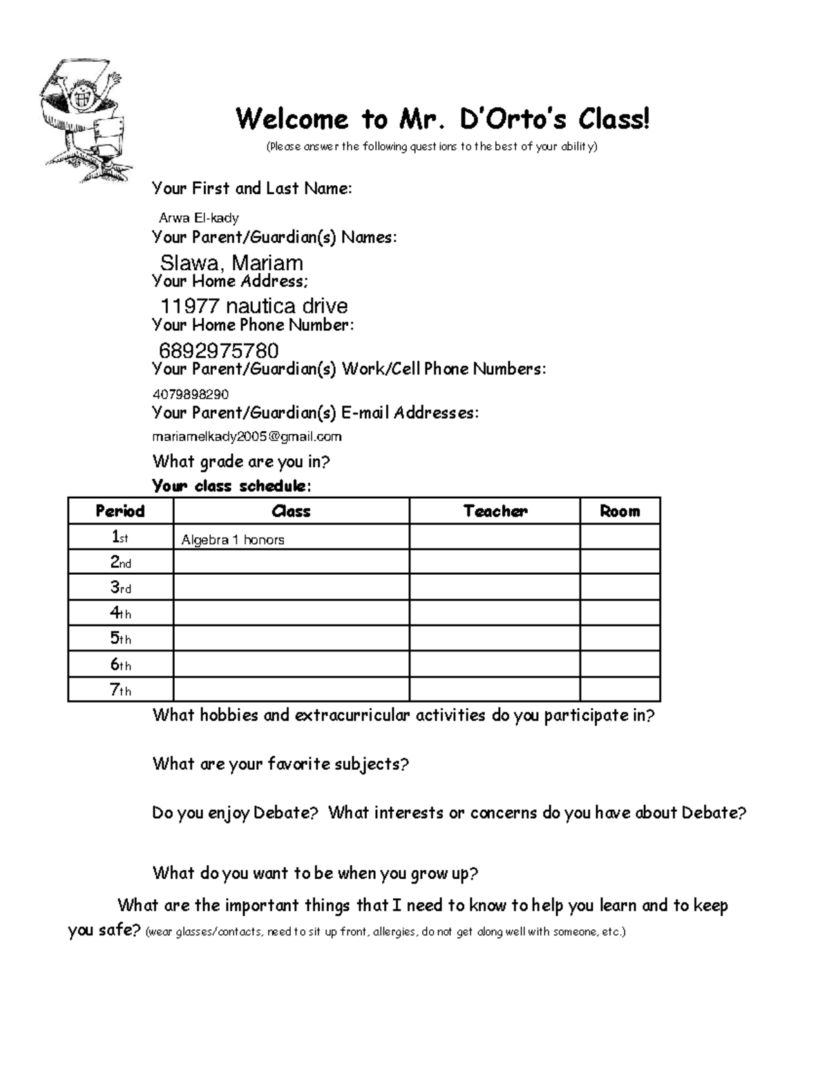 First Day Info Sheet for Debate 2, 3-5: Student Details & Interests ...