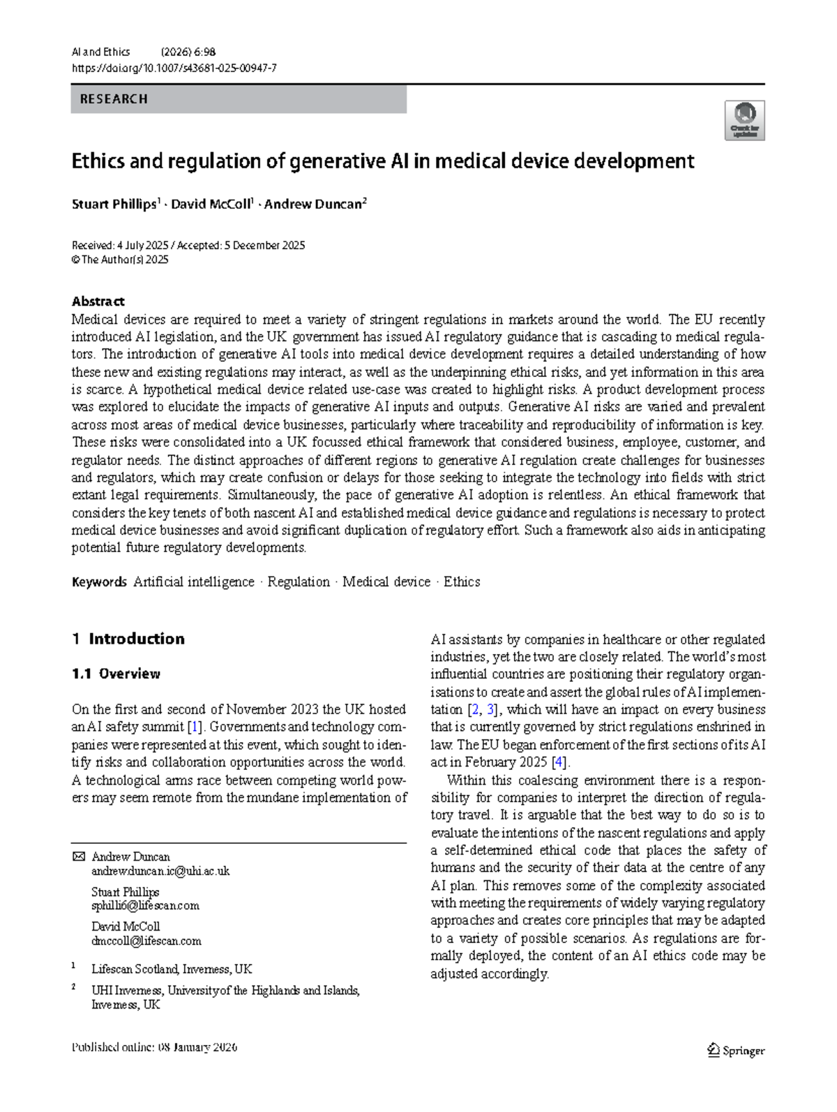 Ethics and Regulation of Generative AI in Medical Devices (S43681 ...