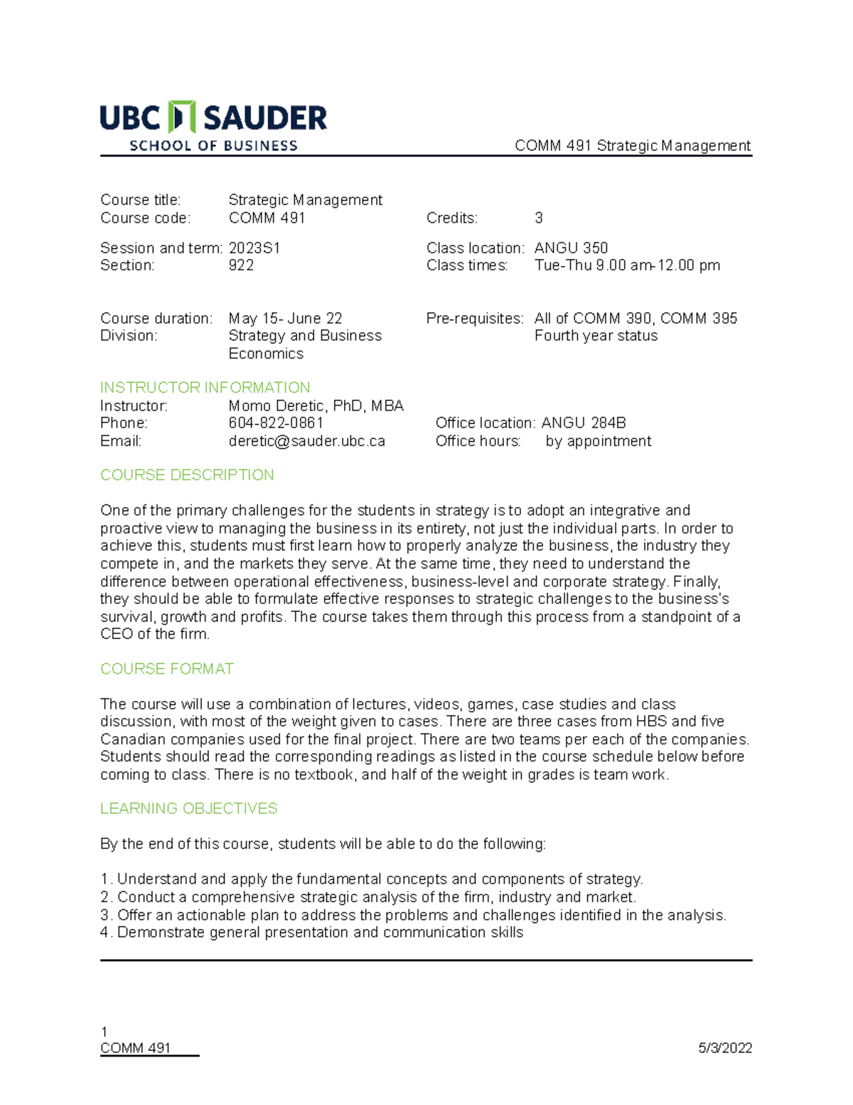 SYL491 922 Summer 23 Updated - Course title: Strategic