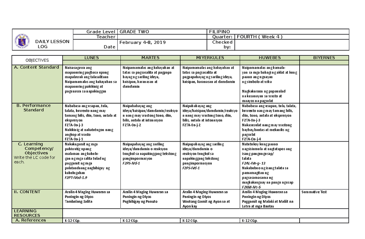 Filipino 2 Q4 W4 - Daily Lesson Log for Grade Two Classroom Activities ...
