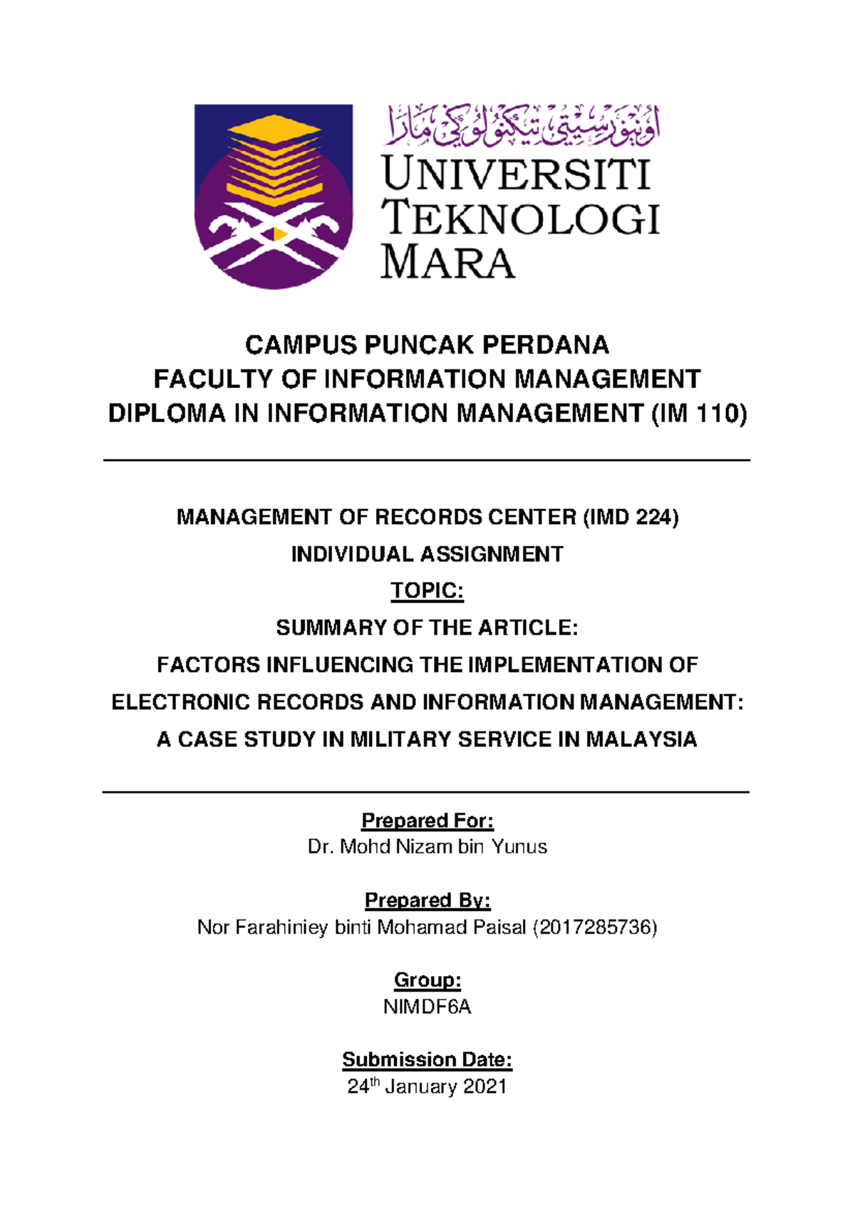 IMD224 Individual Assignment - CAMPUS PUNCAK PERDANA FACULTY OF ...