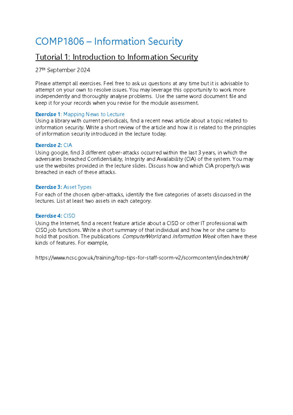 COMP1806 Tutorial 1 - COMP1806 – Information Security Tutorial 1 ...