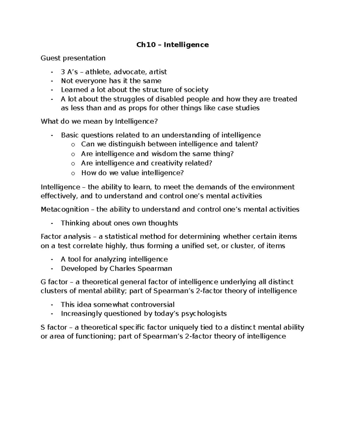 Ch10 TB Notes: Understanding Intelligence and Its Complexities - Studocu