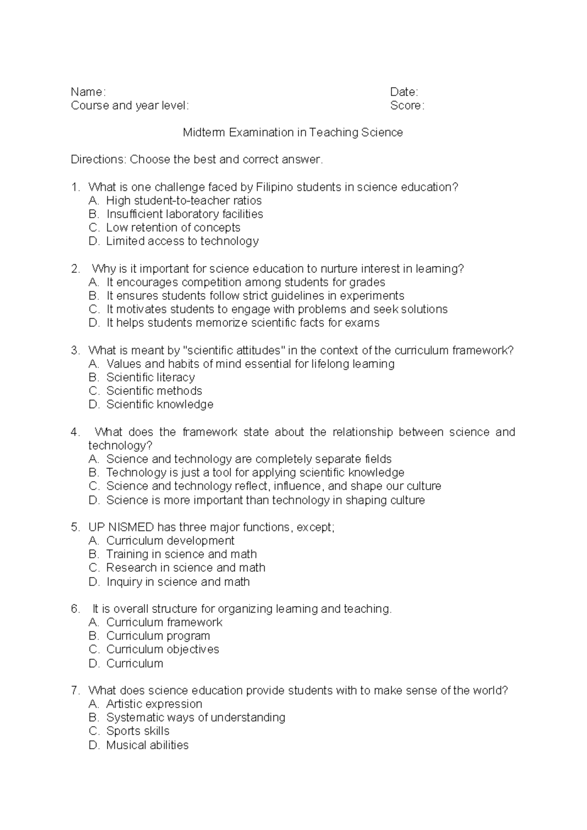 Midterm Examination in Teaching Science - Copy - Name: Date: Course and ...
