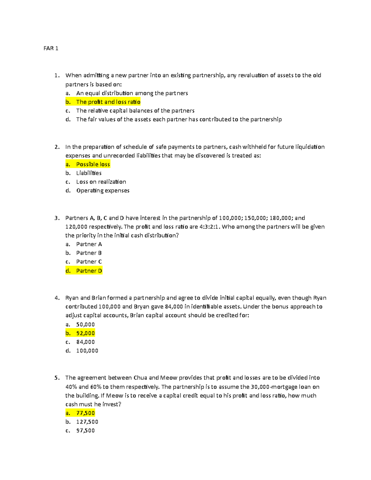 FAR 1 - 5 Key Questions on Partnership Profit Distribution and Capital ...