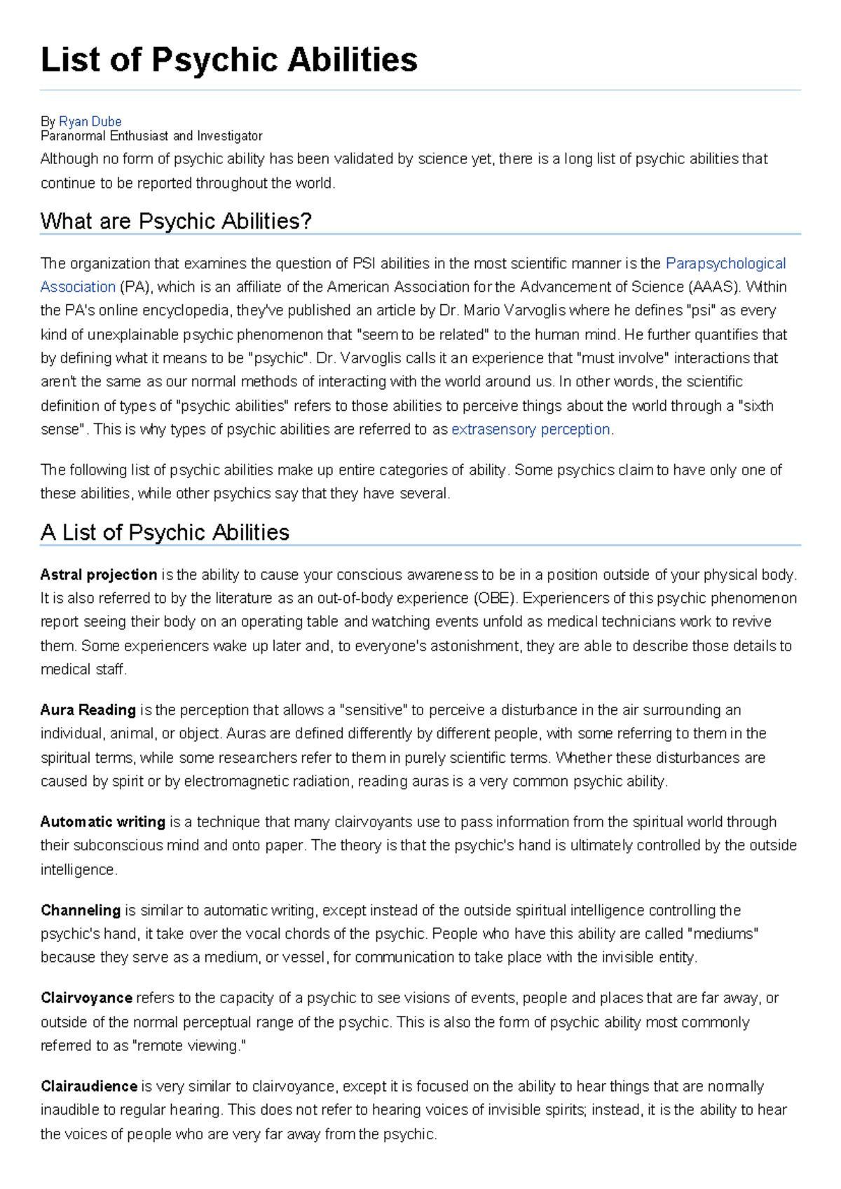 List of Psychic Abilities: Insights by Ryan Dube - Studocu