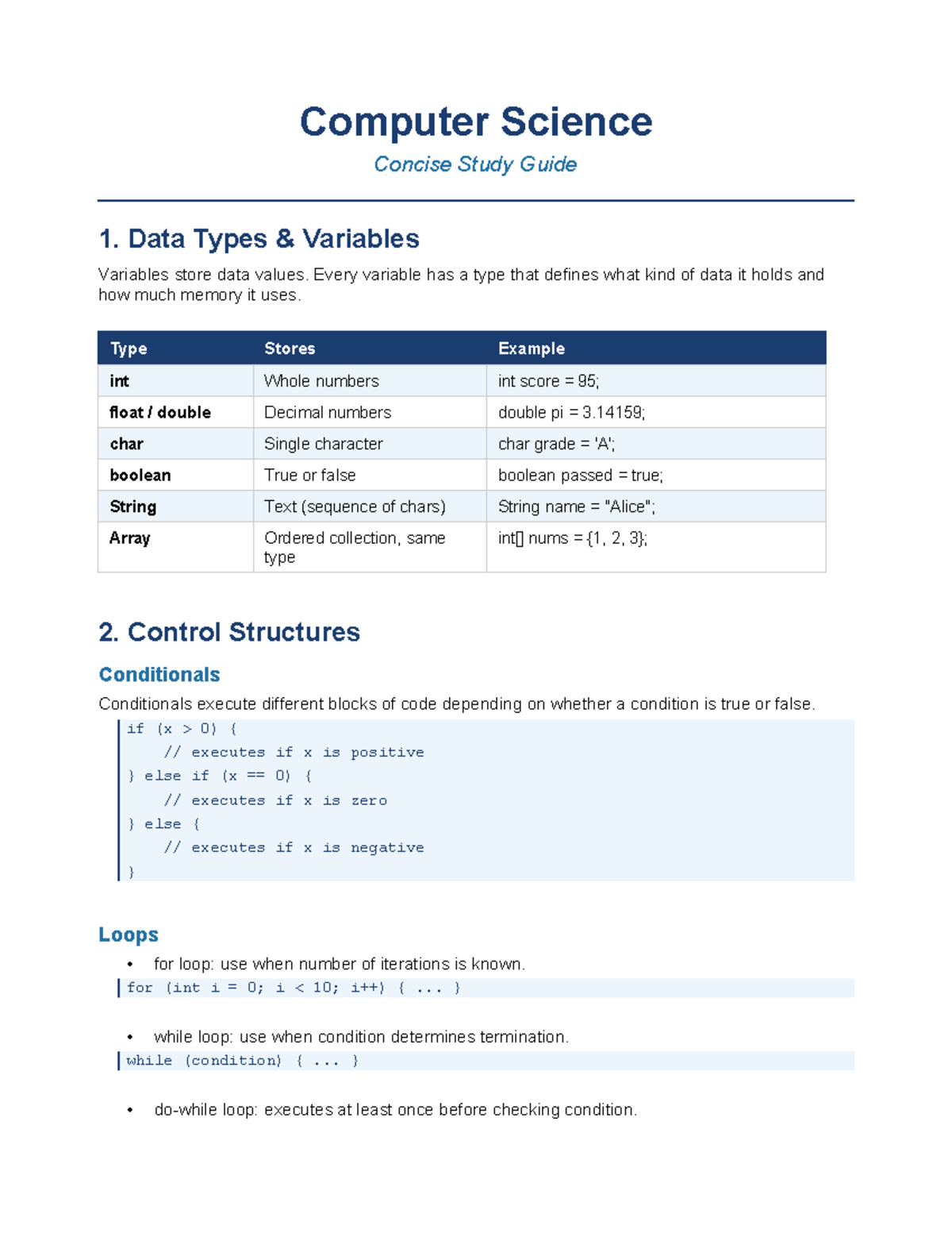 CS Study Guide: Data Types, Control Structures & Functions - Studocu