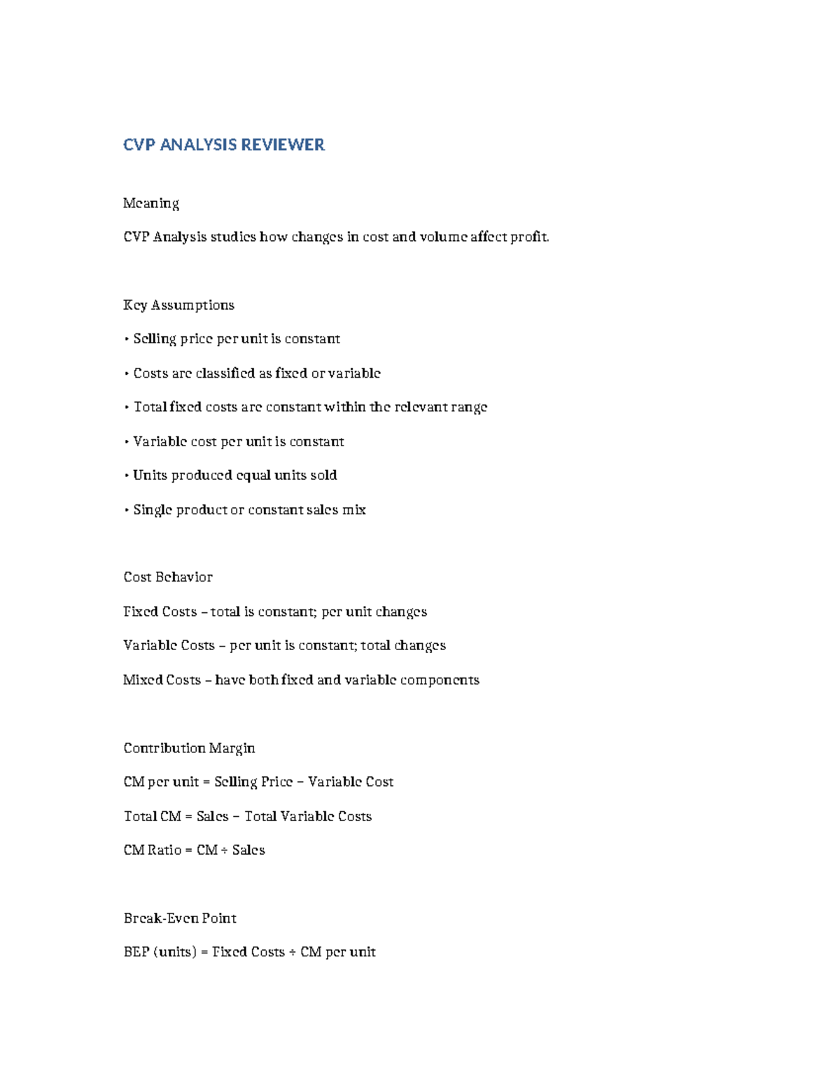 CVP Analysis Reviewer: Understanding Cost-Volume-Profit Dynamics - Studocu