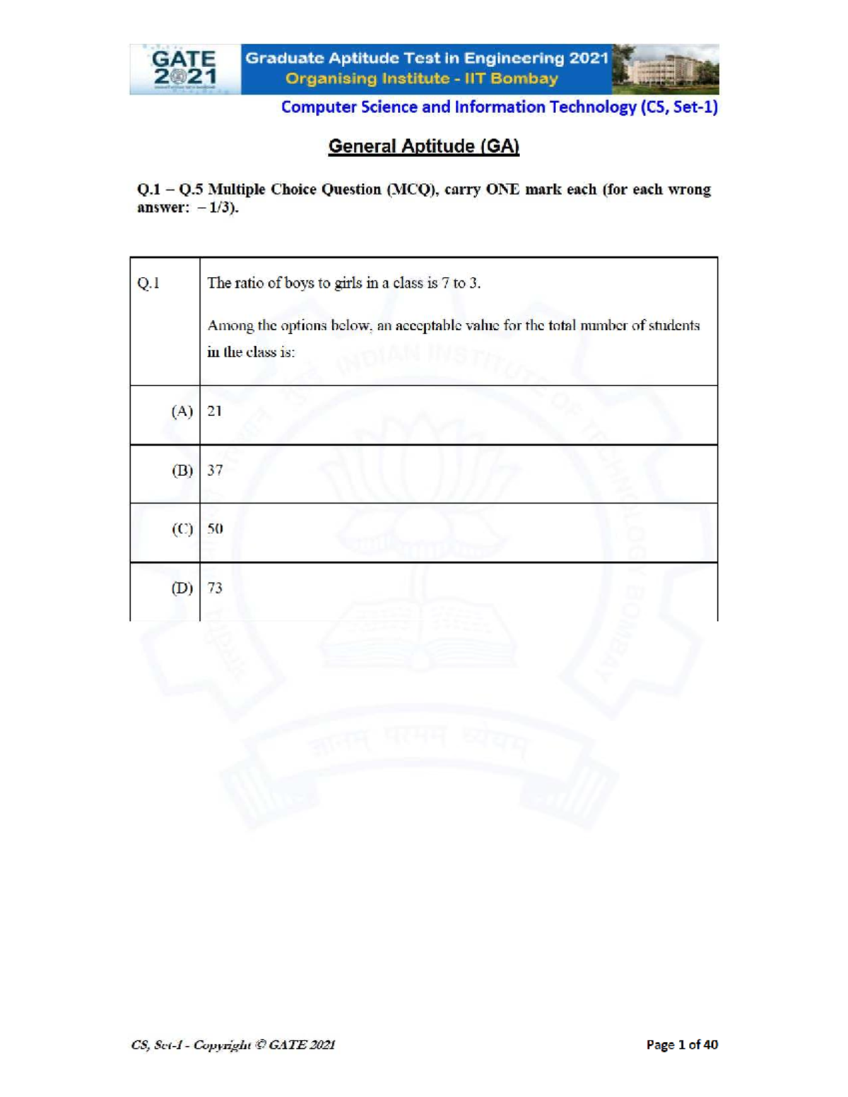 GATE 2021 CS Graduate Aptitude Test Question Paper - Studocu