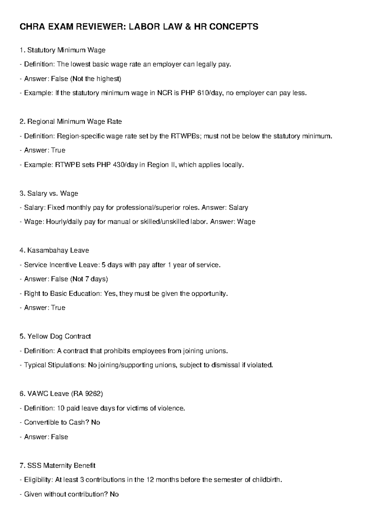 CHRA 101 Final Exam Reviewer: Key Labor Law Concepts - Studocu