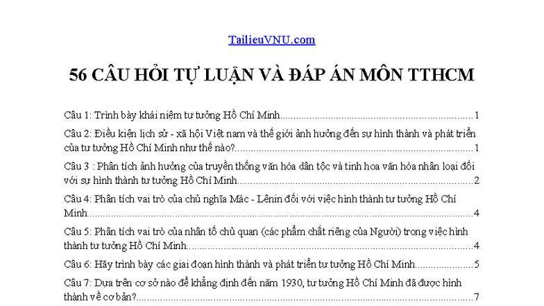 56 CÂU HỎI TỰ LUẬN VÀ ĐÁP ÁN MÔN TTHCM - TƯ TƯỞNG HỒ CHÍ MINH - Document Preview