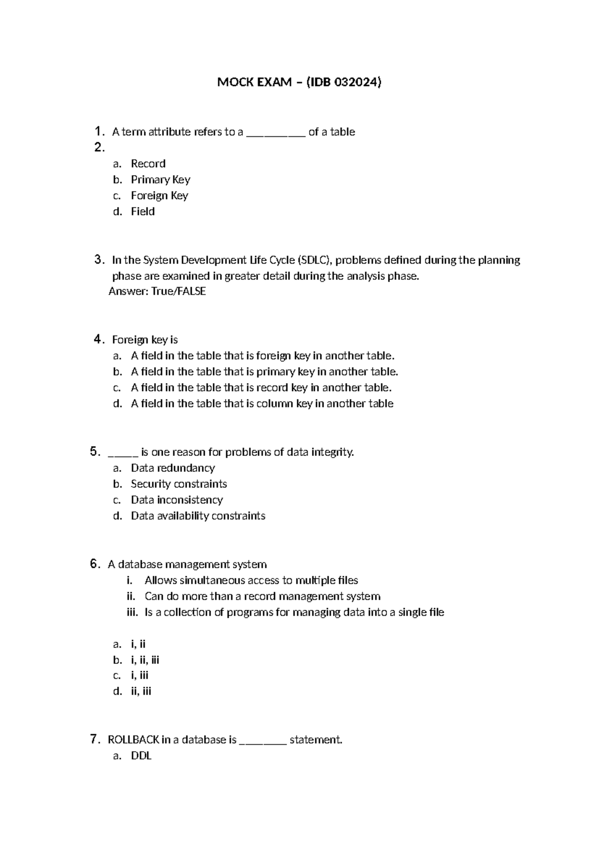 MOCK EXAM (IDB 032024) - Database Concepts & ERD Practice - Studocu