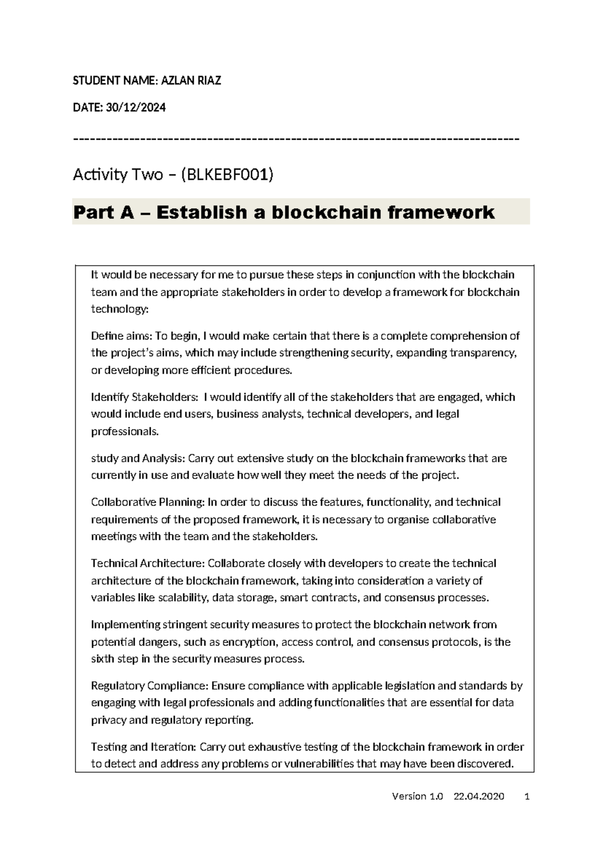 (BLKEBF001).docx Blockchain technology - STUDENT NAME: AZLAN RIAZ DATE ...