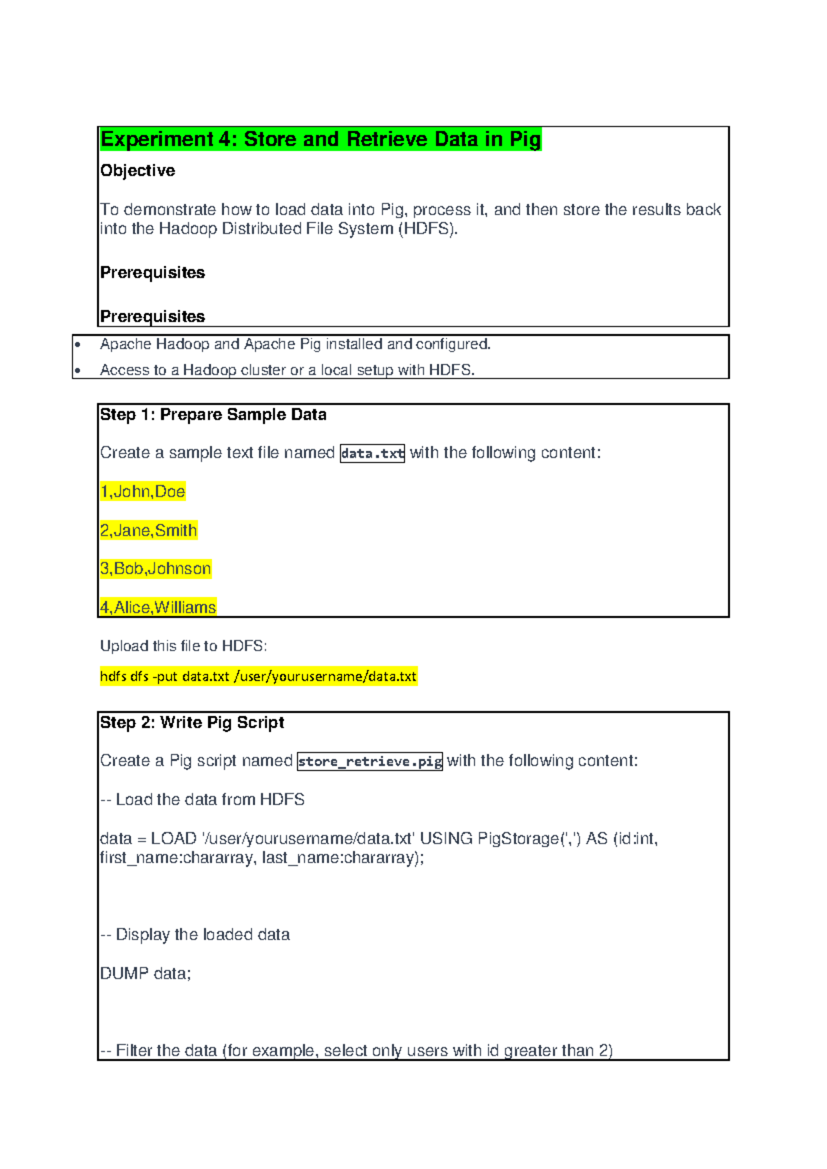 Big Data Experiment 4: Data Storage & Retrieval in Pig Lab Manual - Studocu