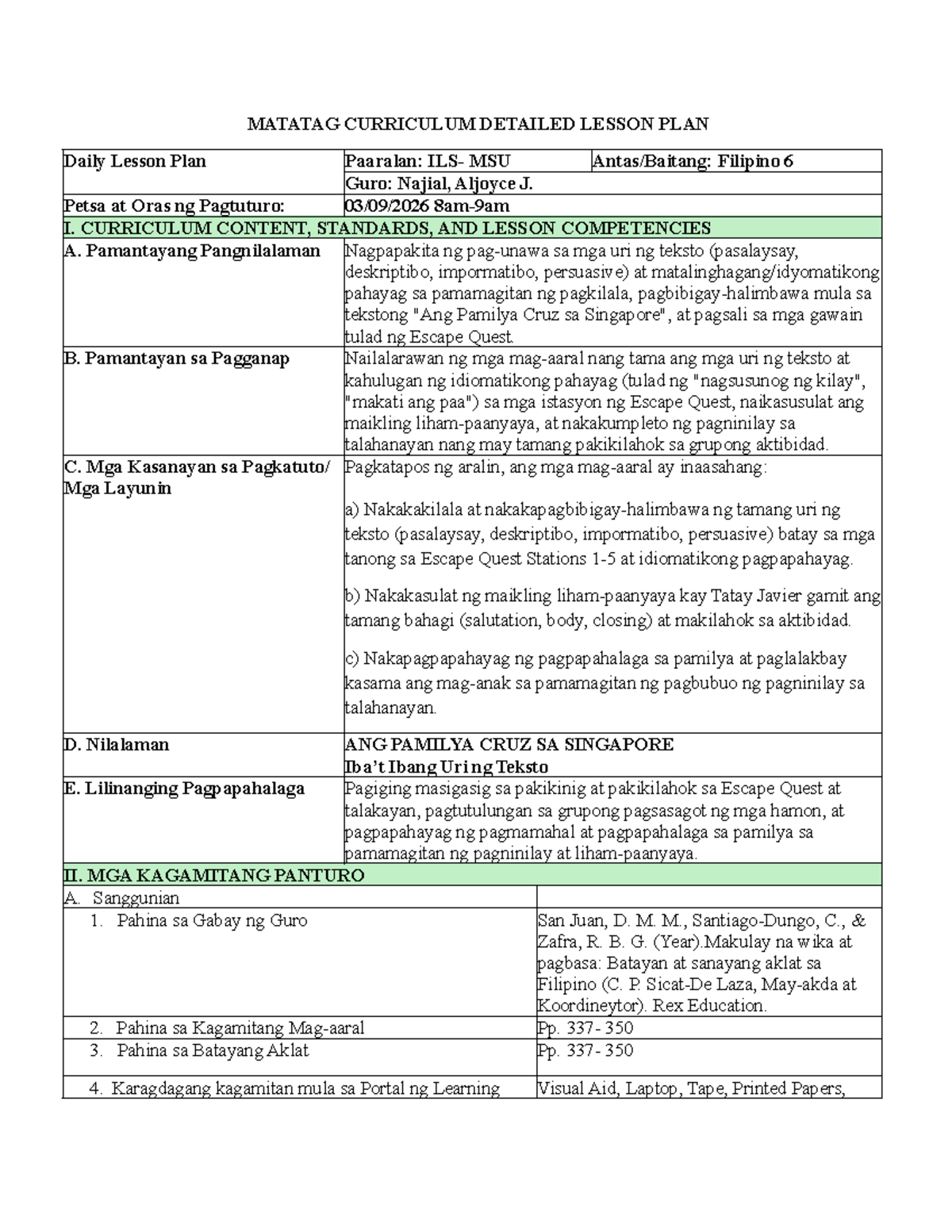 MATATAG CURRICULUM: DETAILED LESSON PLAN FOR FILIPINO 6 - Studocu