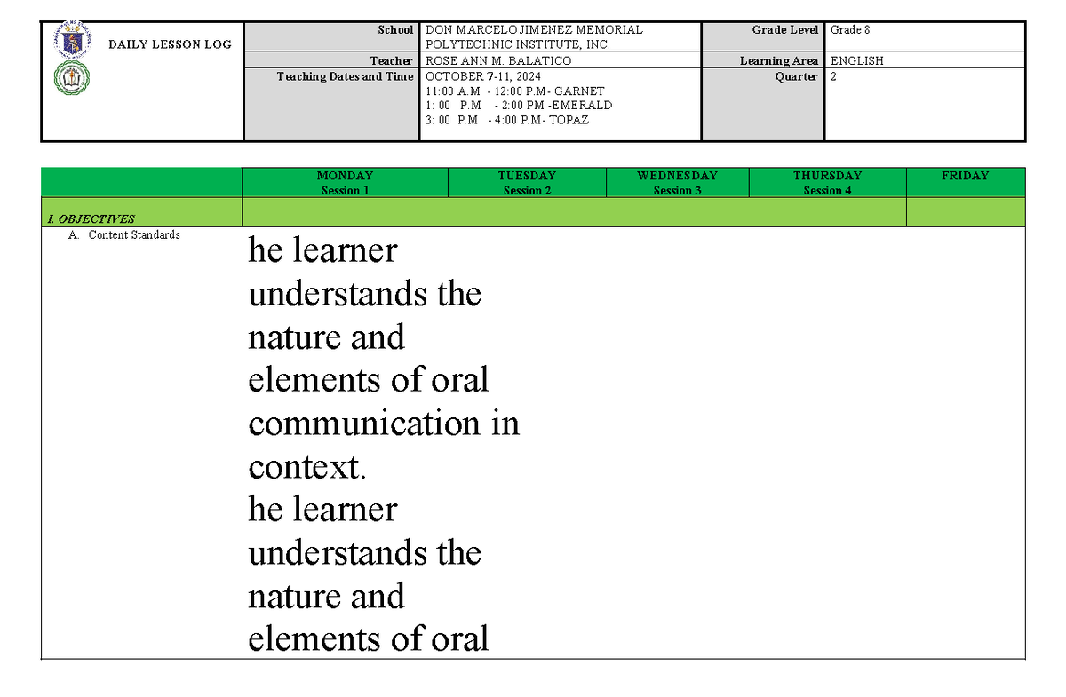 Q2 DLL- Grade 8 week 1 - informative - DAILY LESSON LOG School DON ...