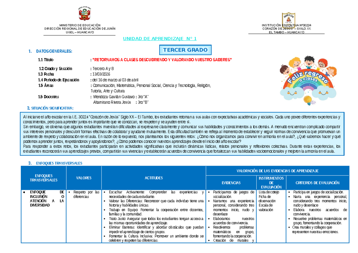 Unidad de Aprendizaje 1: Tercer Grado - Descubriendo y Valorando ...