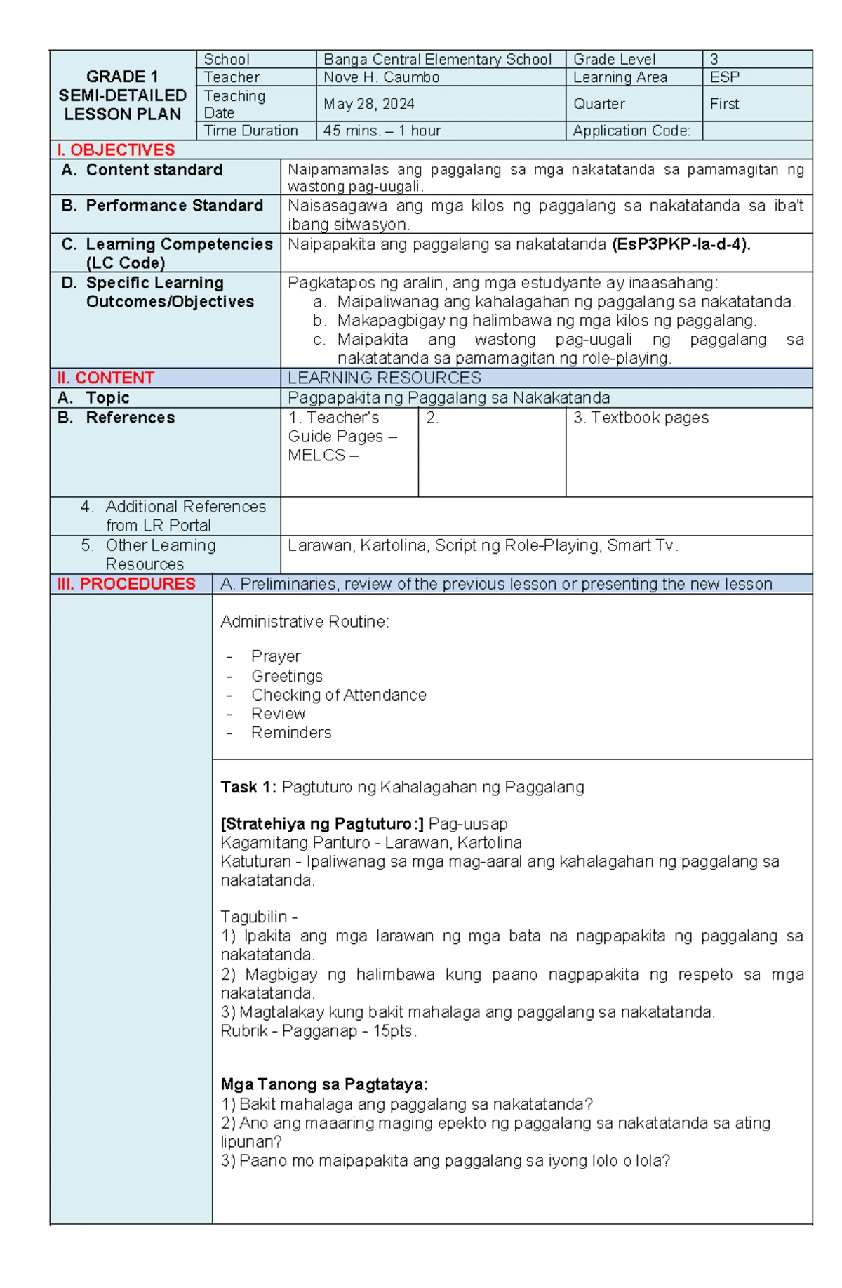 Grade 2 ESP Semi-Detailed Lesson Plan: Health & Hygiene Skills - Studocu