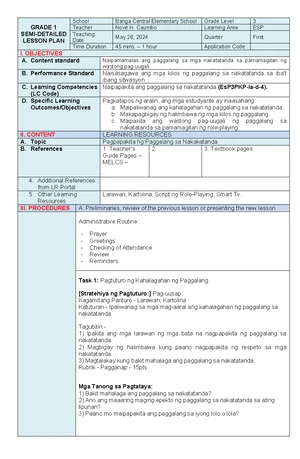 Grade 2 ESP Semi-Detailed Lesson Plan: Health & Hygiene Skills - Studocu