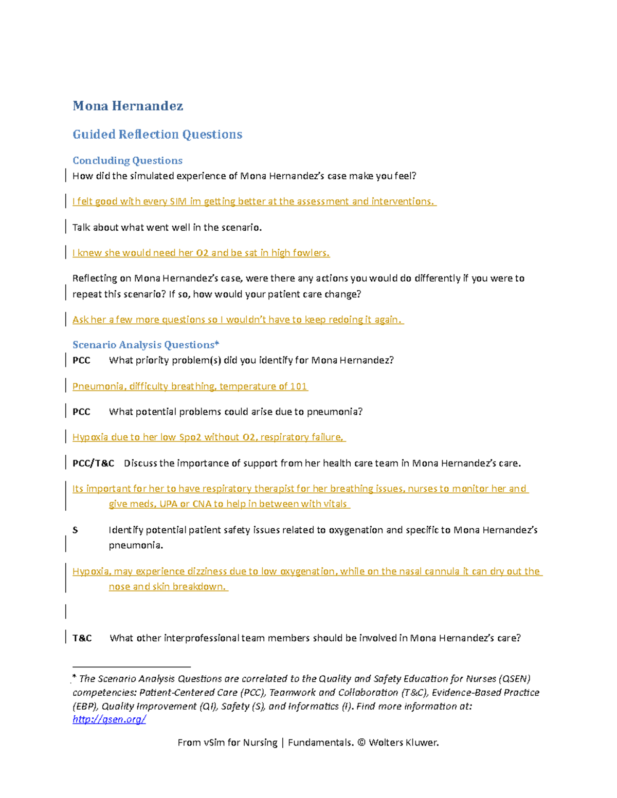 Fundamentals Case Study: Reflection on Mona Hernandez GRQ - Studocu