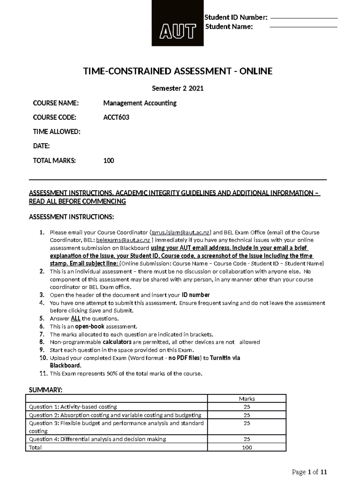 ACCT603 Management Accounting Final Exam Guidelines S2 2021 - Studocu