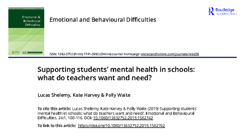 Supporting Students' Mental Health in Schools: Teacher Insights (EBDA ...