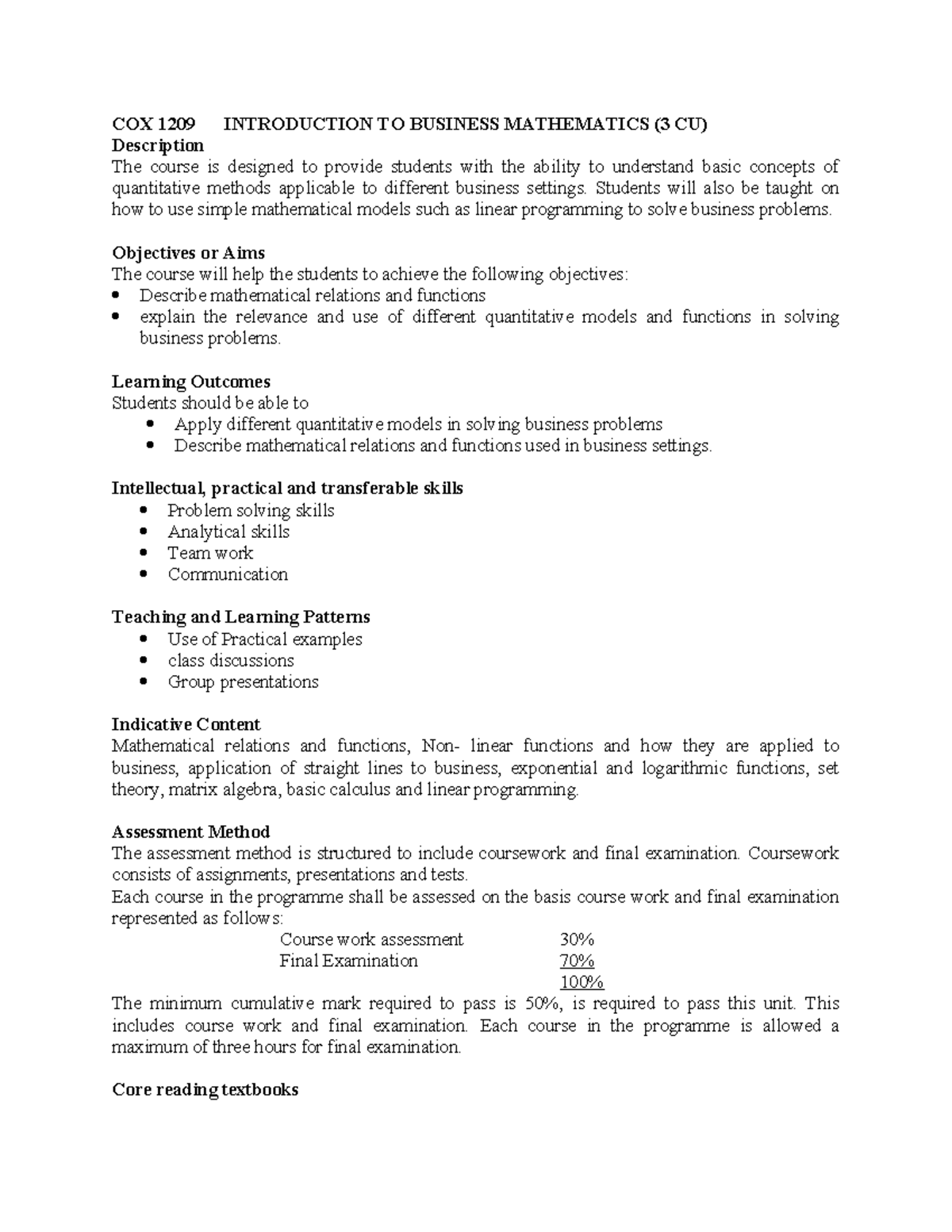 COX 1209 Introduction TO Business Mathematics - COX 1209 INTRODUCTION ...