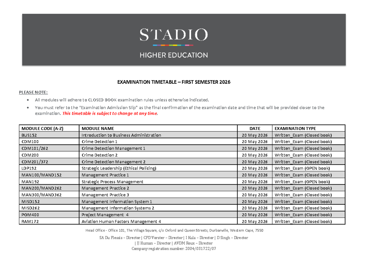 Stadio 2026: First Semester Examination Timetable - Studocu