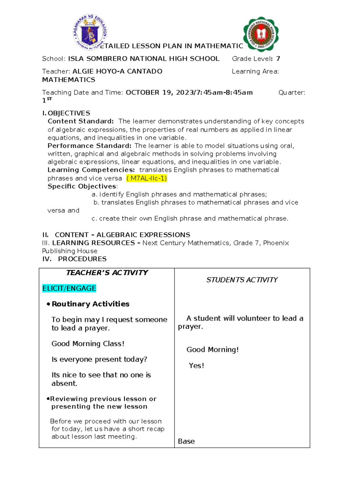 Detailed Lesson Plan on Translating Phrases in Math 7 - Studocu
