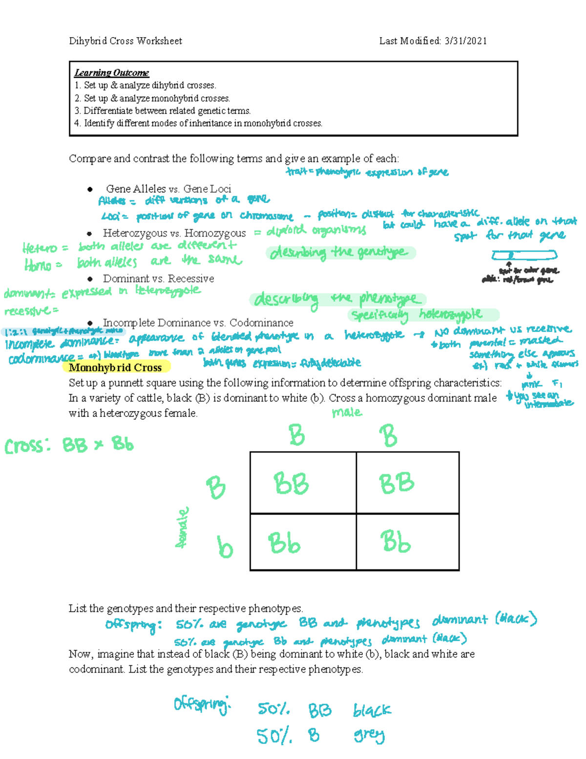 Christmas Dihybrid Cross Worksheet -Reindeer Genetics Punnett Squares, image size:1200x1553