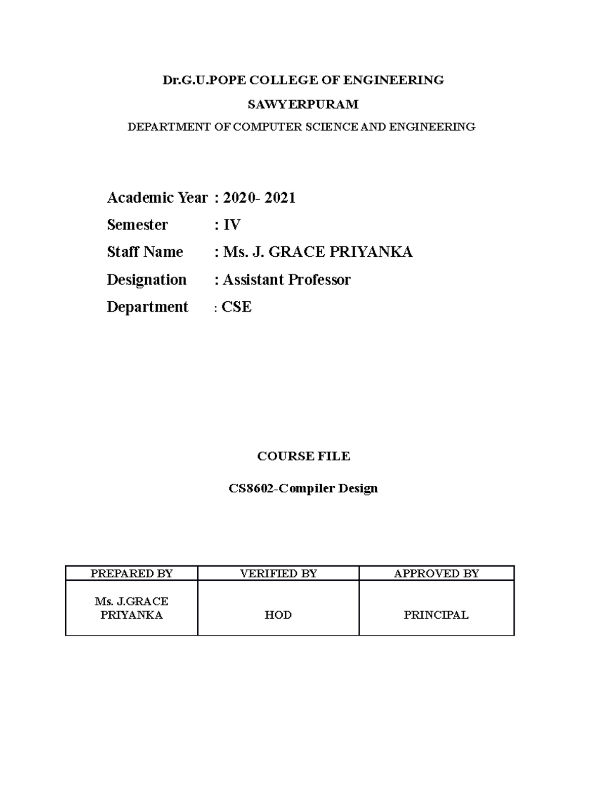 Compiler notebook - Dr.G.U COLLEGE OF ENGINEERING SAWYERPURAM ...